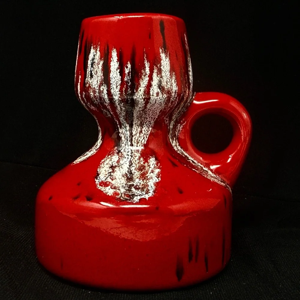 Red Dripware Glaze Black White Candleholder Vase Handthrown Pottery Eclectic  4